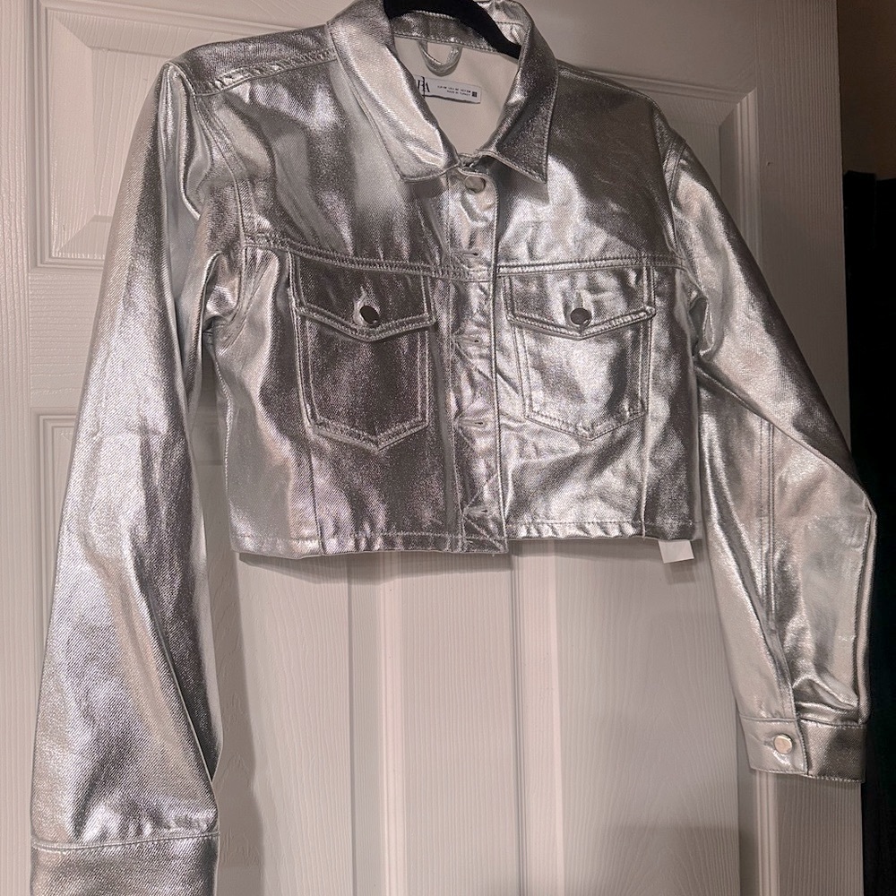 Zara Metallic Silver Cropped Jacket